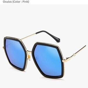 Big shiny oversized square sunglasses, black, gold, and blue mirror type lenses